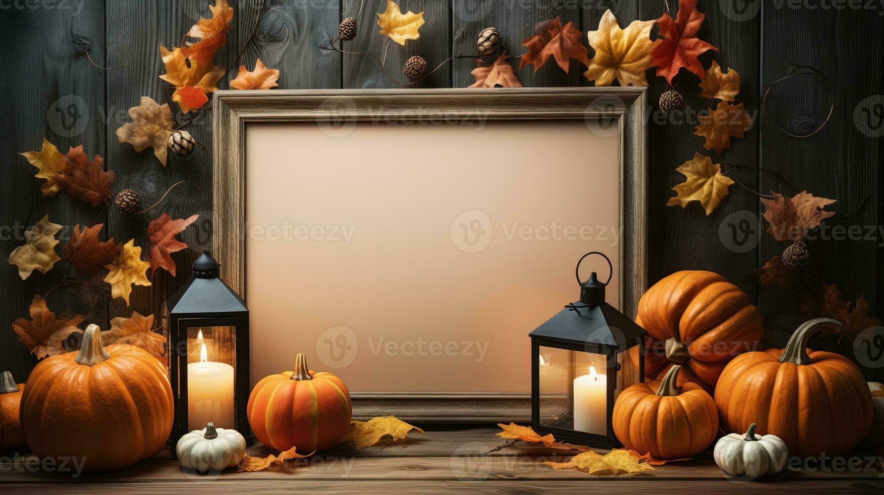 Halloween welcome signboard mockup with pumpkins, lantern and fallen leaves. Black board with autumn holiday decoration with copy space. AI Generated photo