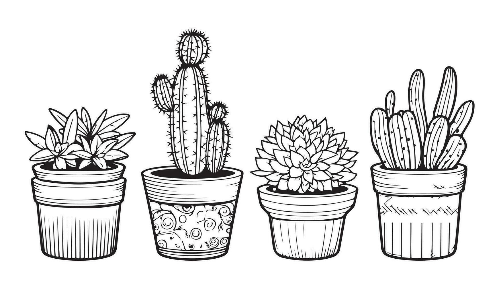 Set of cacti in pots sketch hand drawn Vector illustration