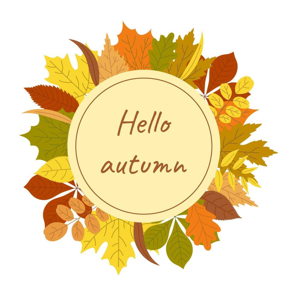 Hola otoño marco con otoño hojas vector