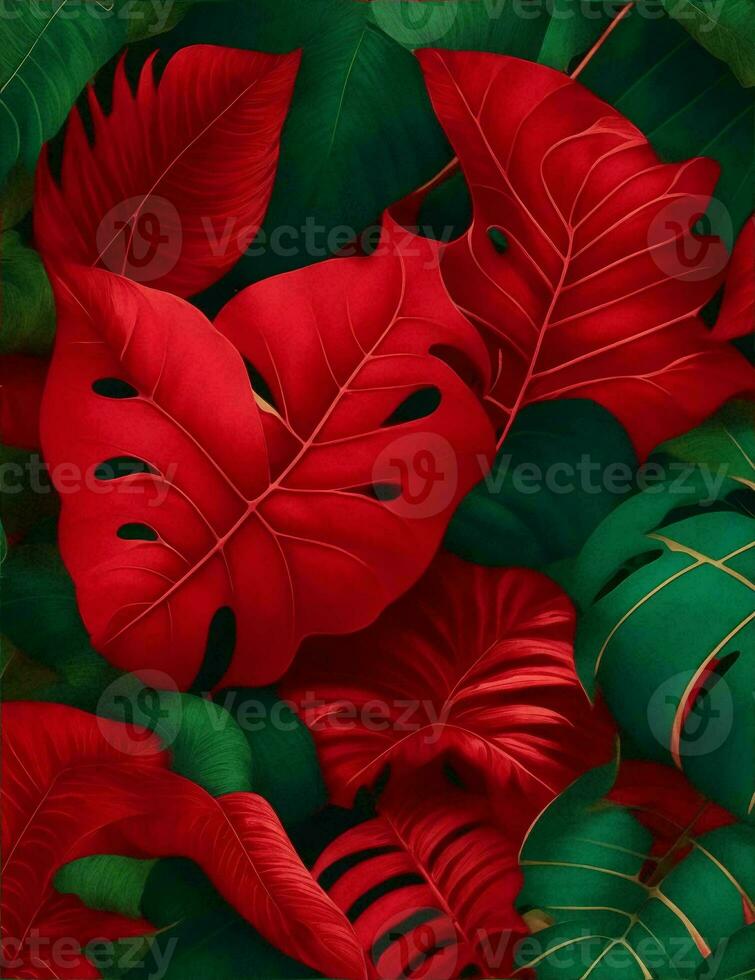 tropical leaf wallpaper and red velvet palace style 50s illustration photo