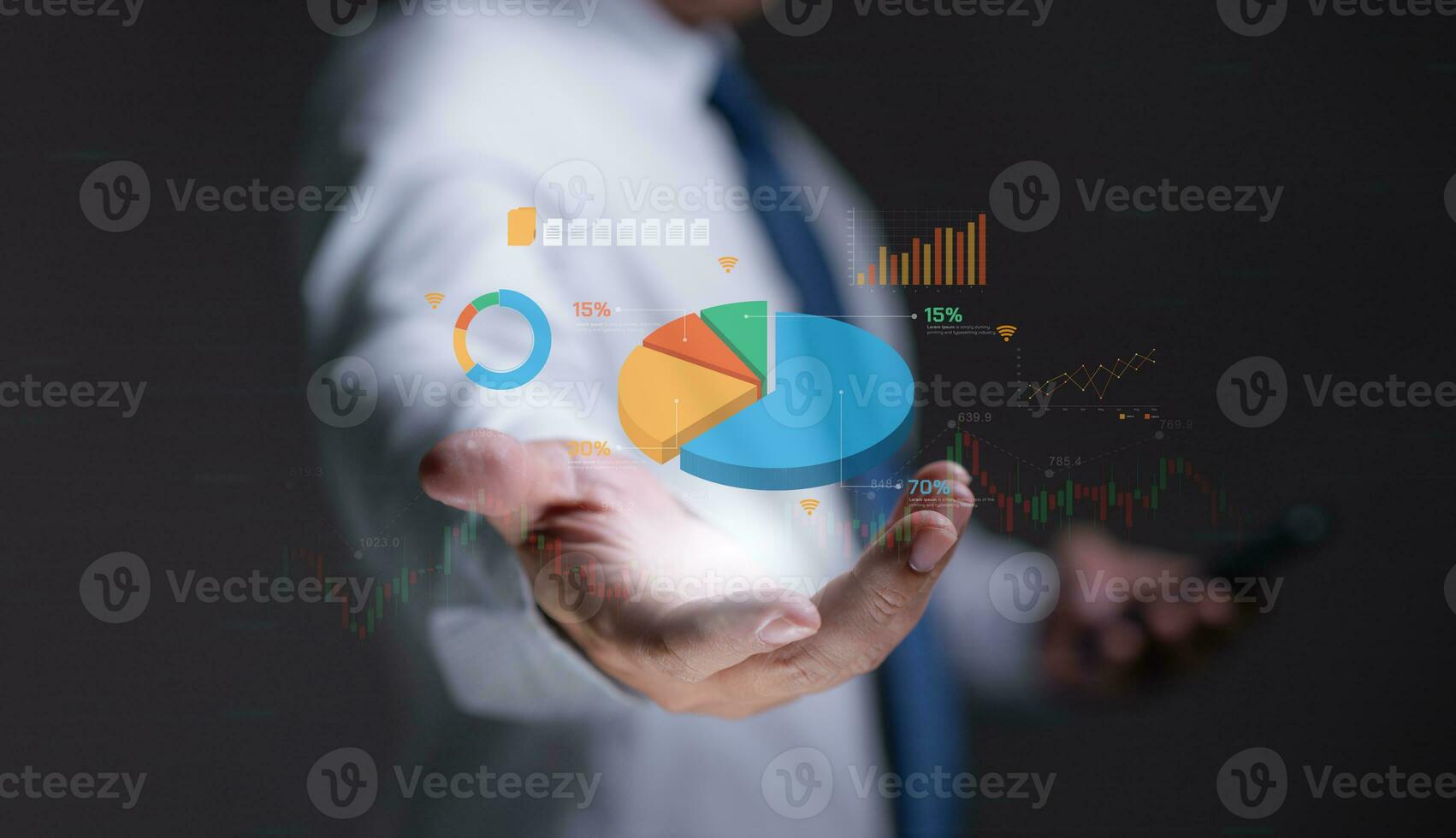 Analyst working, Businessman Analytics, Data Management System on smartphone connected to the database. Technology corporate strategy finance, Business intelligence dashboard on hand virtual screen photo