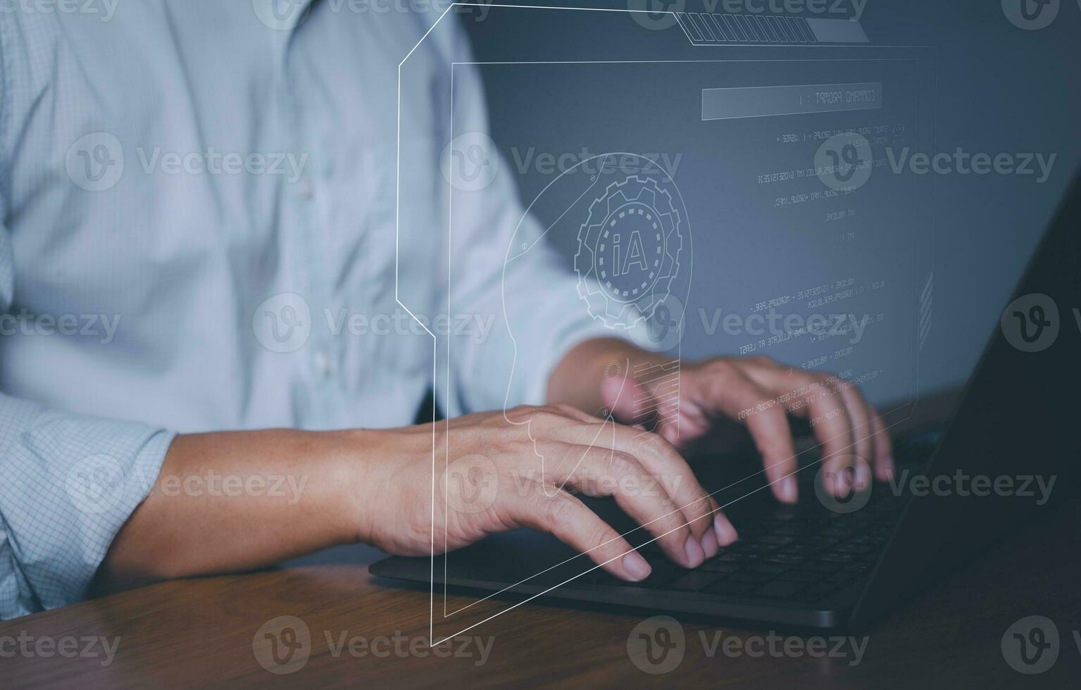 AI. Electronic brain, Man using technology chat smart robot AI, Chatbot command prompt for generates something for business, Futuristic technology transformation, Protect documents and data photo