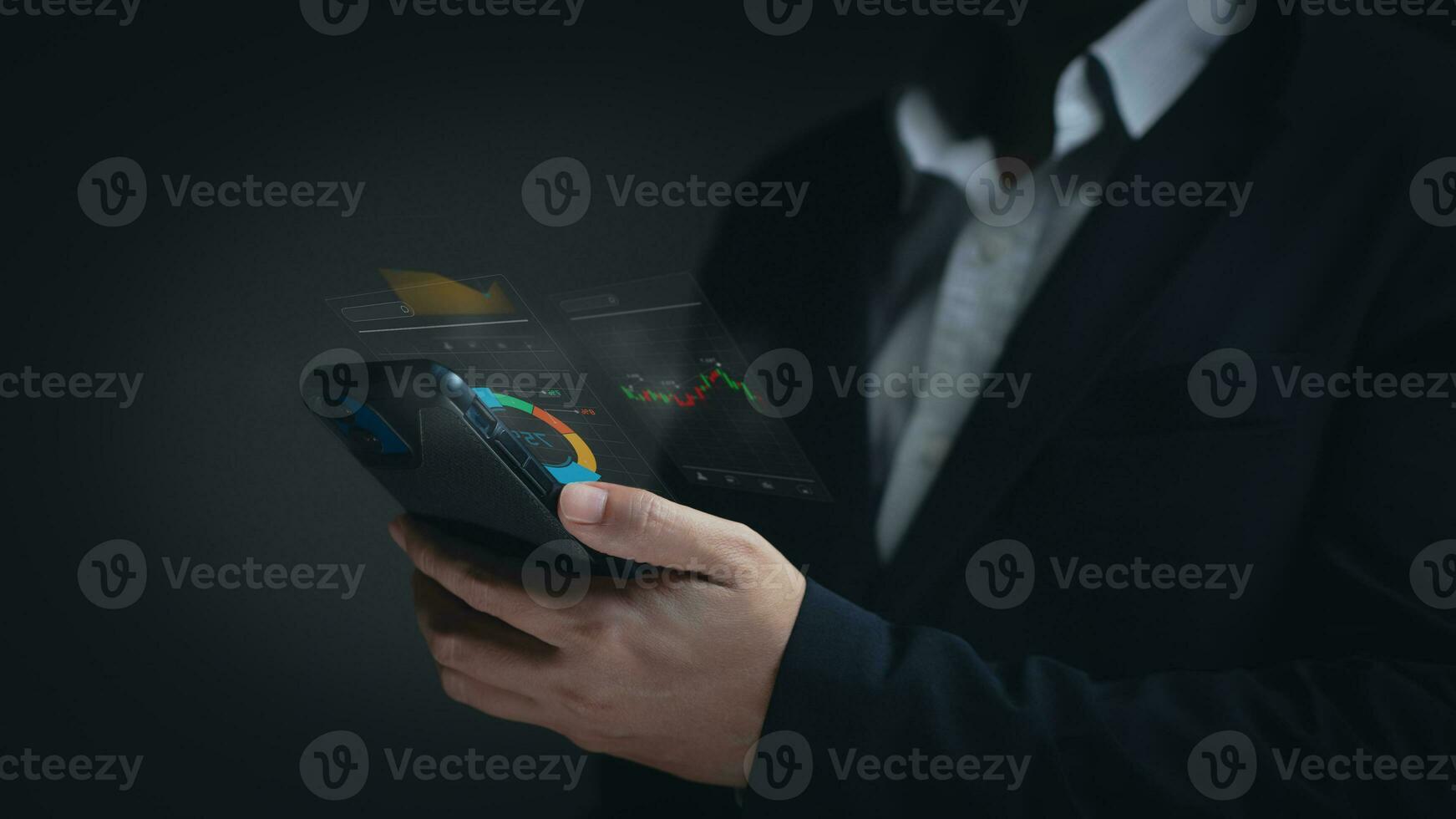 Businessman or trader showing hologram business growth, investing in trading, Planning and strategy, Stock market, Business growth, Progress success concept photo