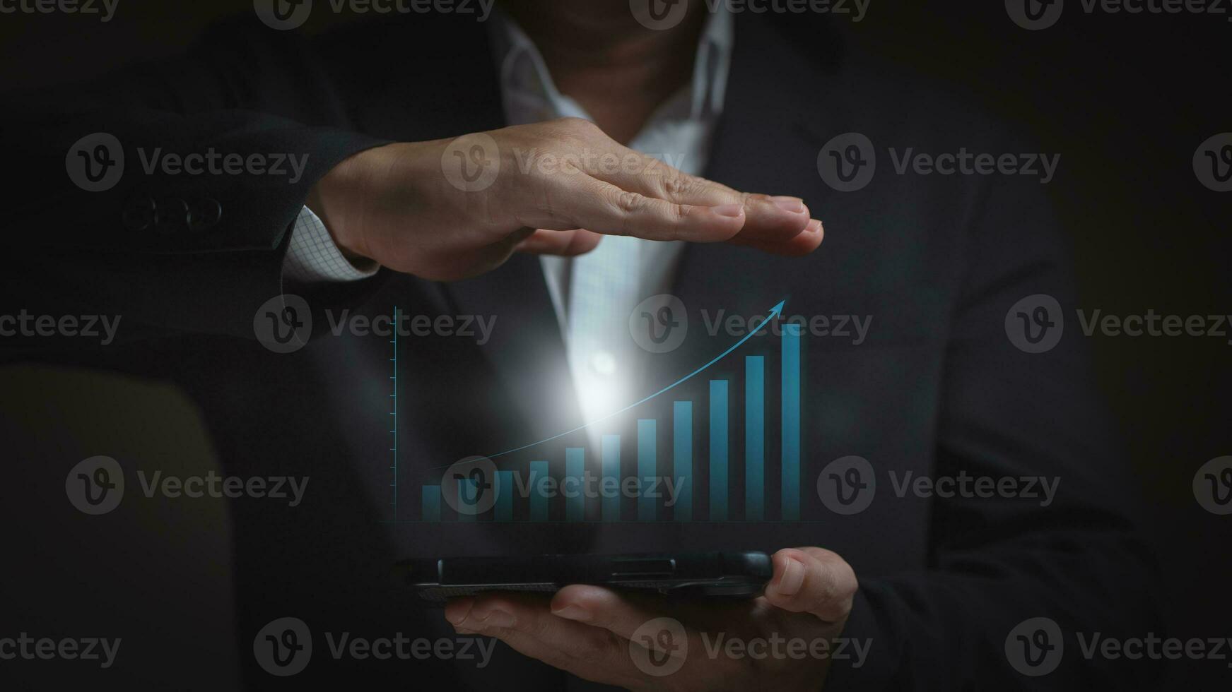Businessman or trader showing hologram business growth, investing in trading, Planning and strategy, Stock market, Business growth, Progress success concept photo