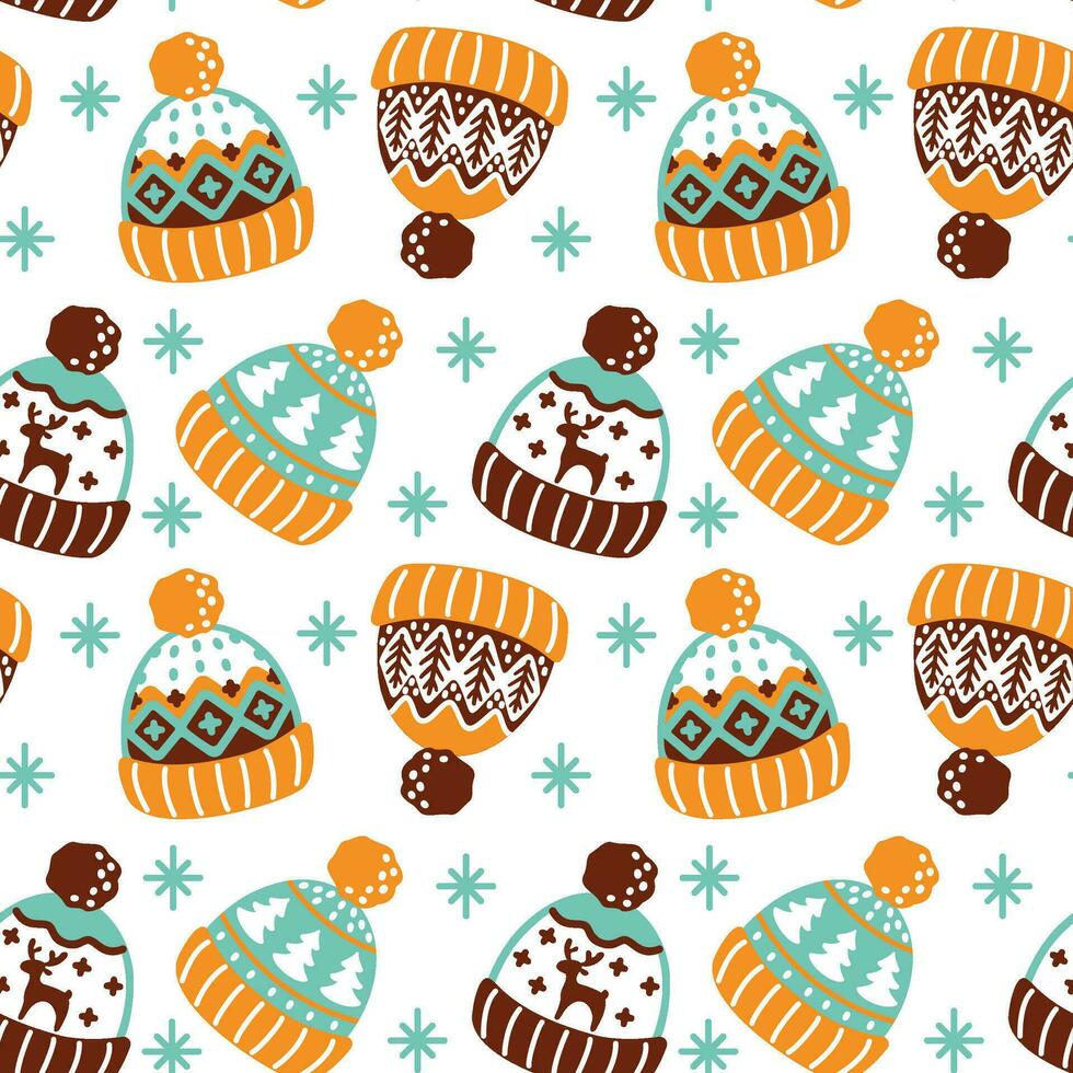 Winter knitted hats. Cute Christmas print. Seamless pattern. Vector. vector