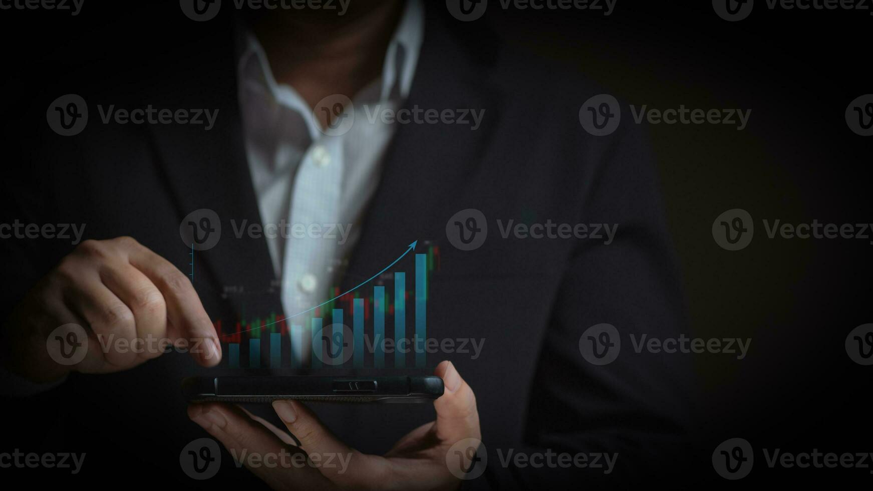 Businessman or trader showing hologram business growth, investing in trading, Planning and strategy, Stock market, Business growth, Progress success concept photo