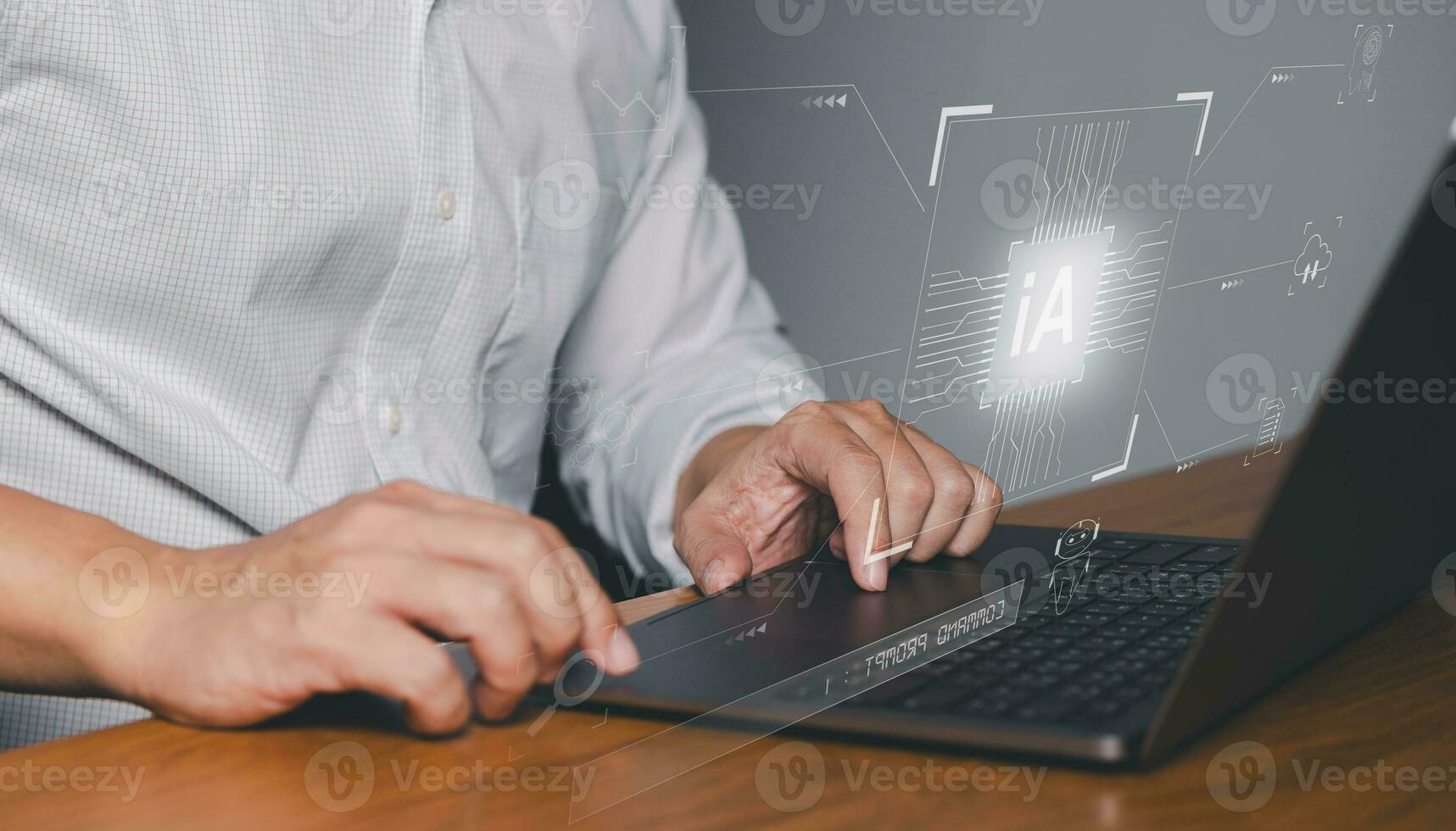 AI. Electronic brain, Man using technology chat smart robot AI, Chatbot command prompt for generates something for business, Futuristic technology transformation, Protect documents and data photo