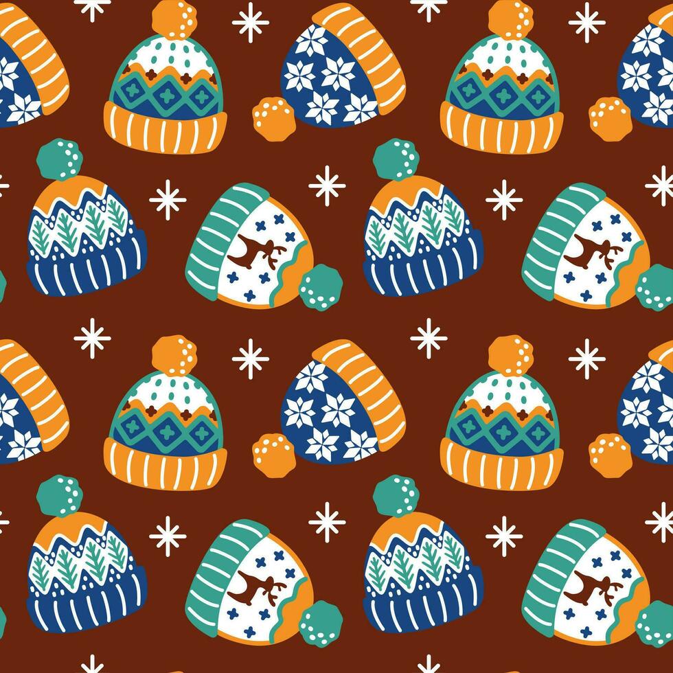 Winter knitted hats. Cute Christmas print. Seamless pattern. Vector. vector