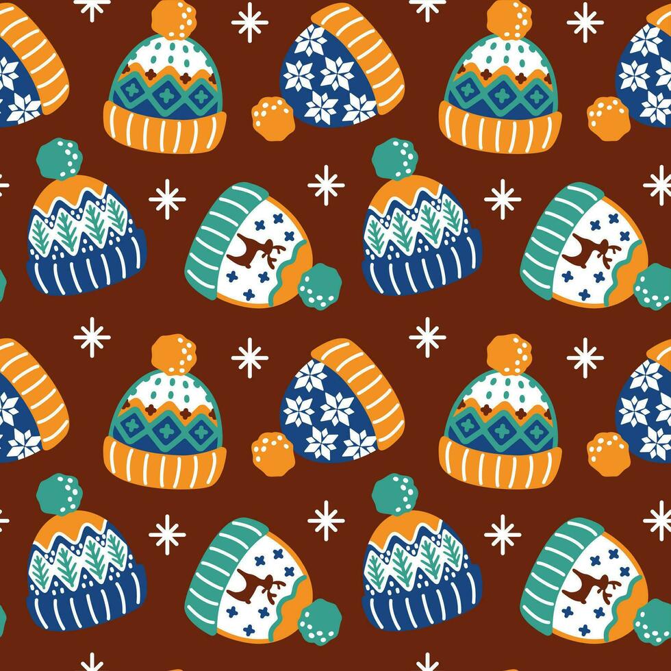 Winter knitted hats. Cute Christmas print. Seamless pattern. Vector. vector