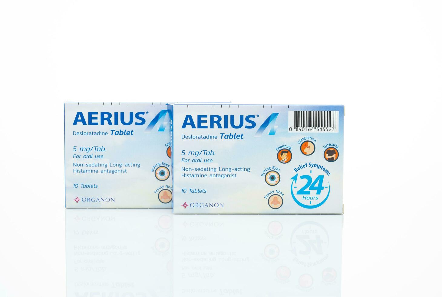 CHONBURI, THAILAND-MAY 3, 2023 Aerius with packaging on white. Desloratadine tablets pill. Product of Organon. Antihistamine medicine for relieve allergic rhinitis and urticaria. Prescription drugs. photo