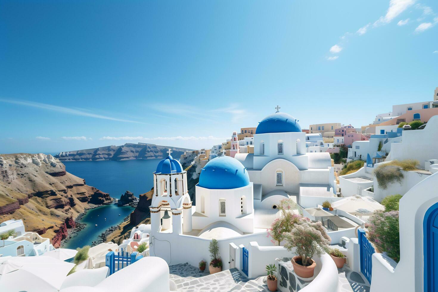 High angle view of santorini by the ocean Generative AI photo