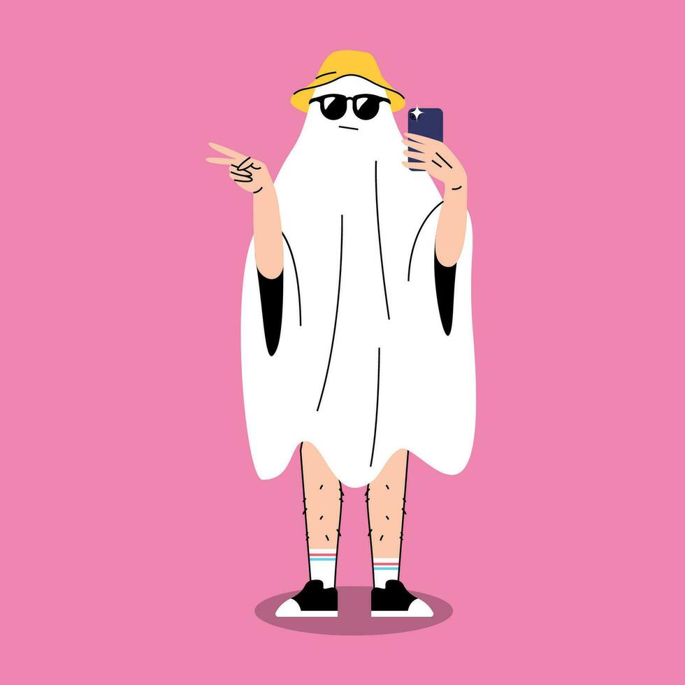 FUNNY HALLOWEEN GHOST COSTUME DOING SELFIE vector