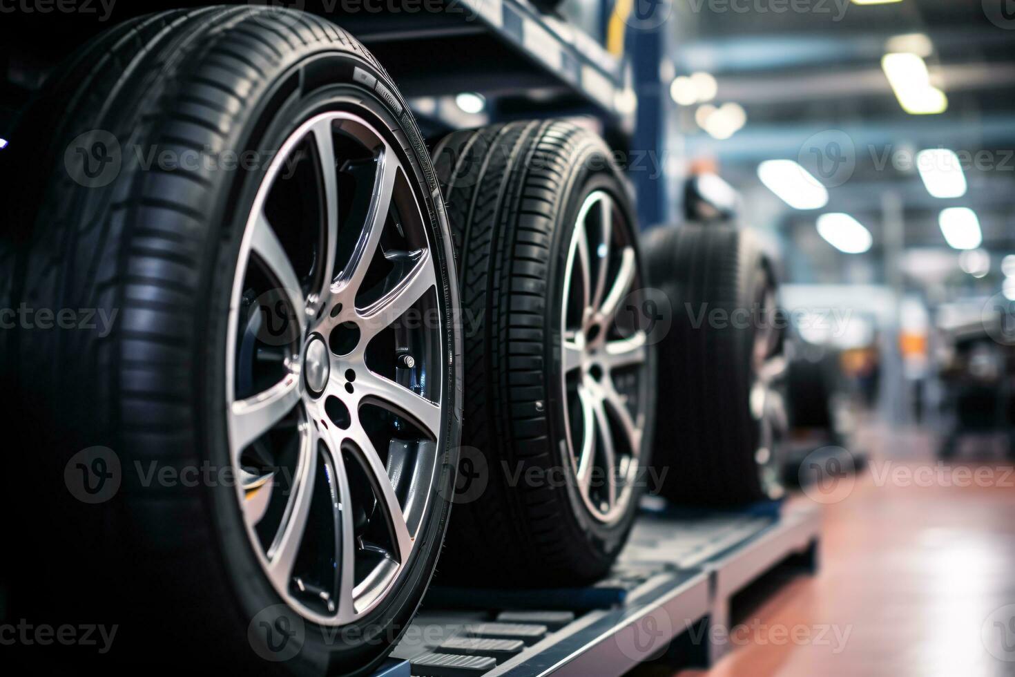 New car wheel and tires on tire storage rack for sale at tyre store. Balck rubber car tire with modern tread at auto repair service center. Changing tire shop. Automotive service. Generative AI. photo
