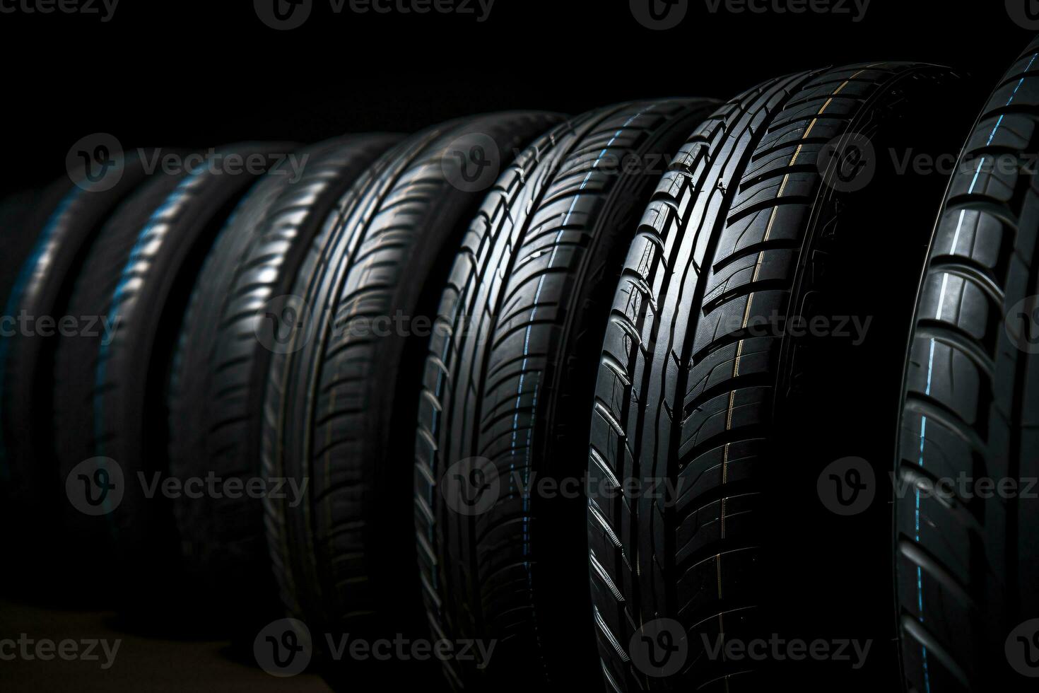 Closeup new car tires for sale at tyre store. Balck rubber car tire