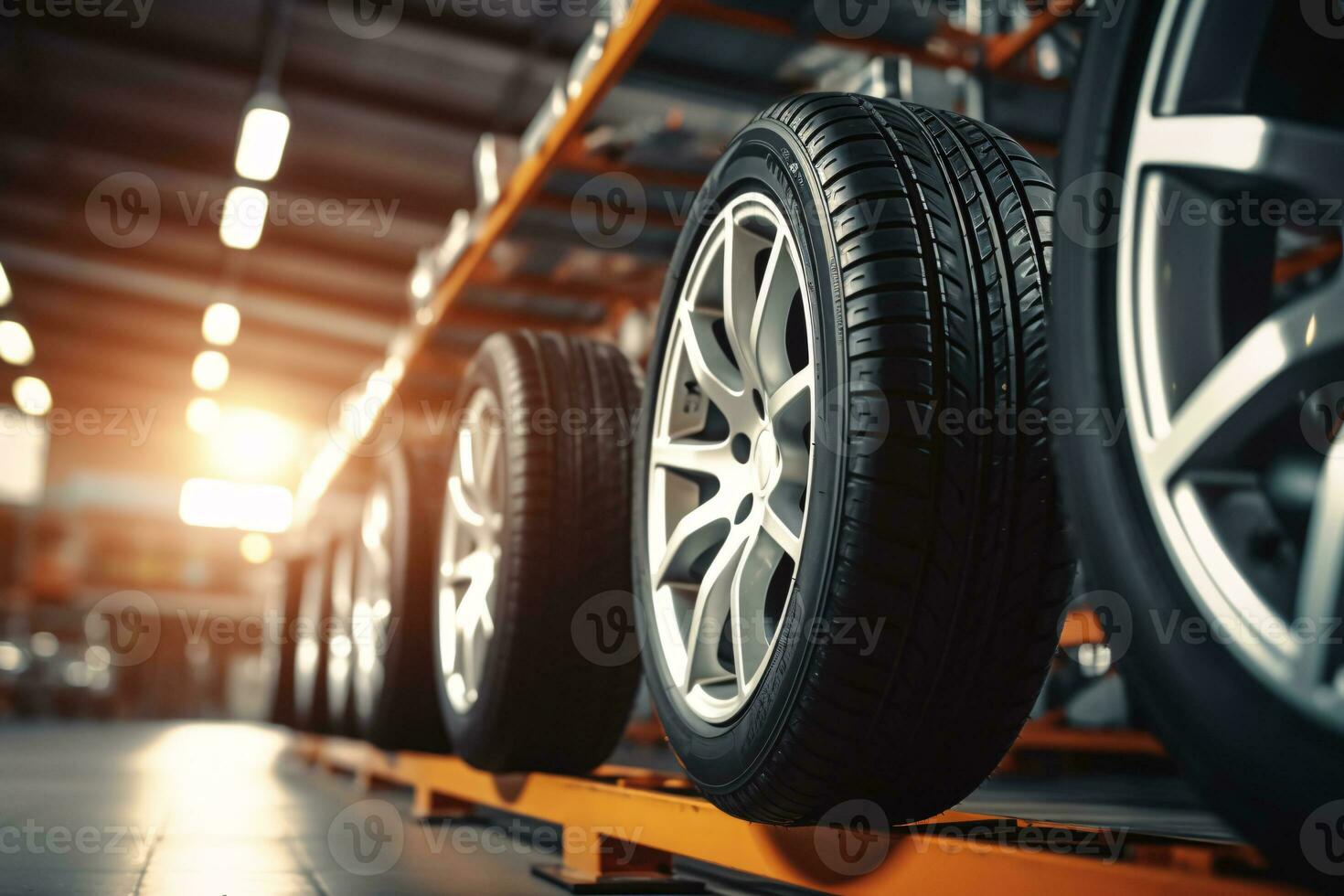 New car wheel and tires on tire storage rack for sale at tyre store. Balck rubber car tire with modern tread at auto repair service center. Changing tire shop. Automotive service. Generative AI. photo