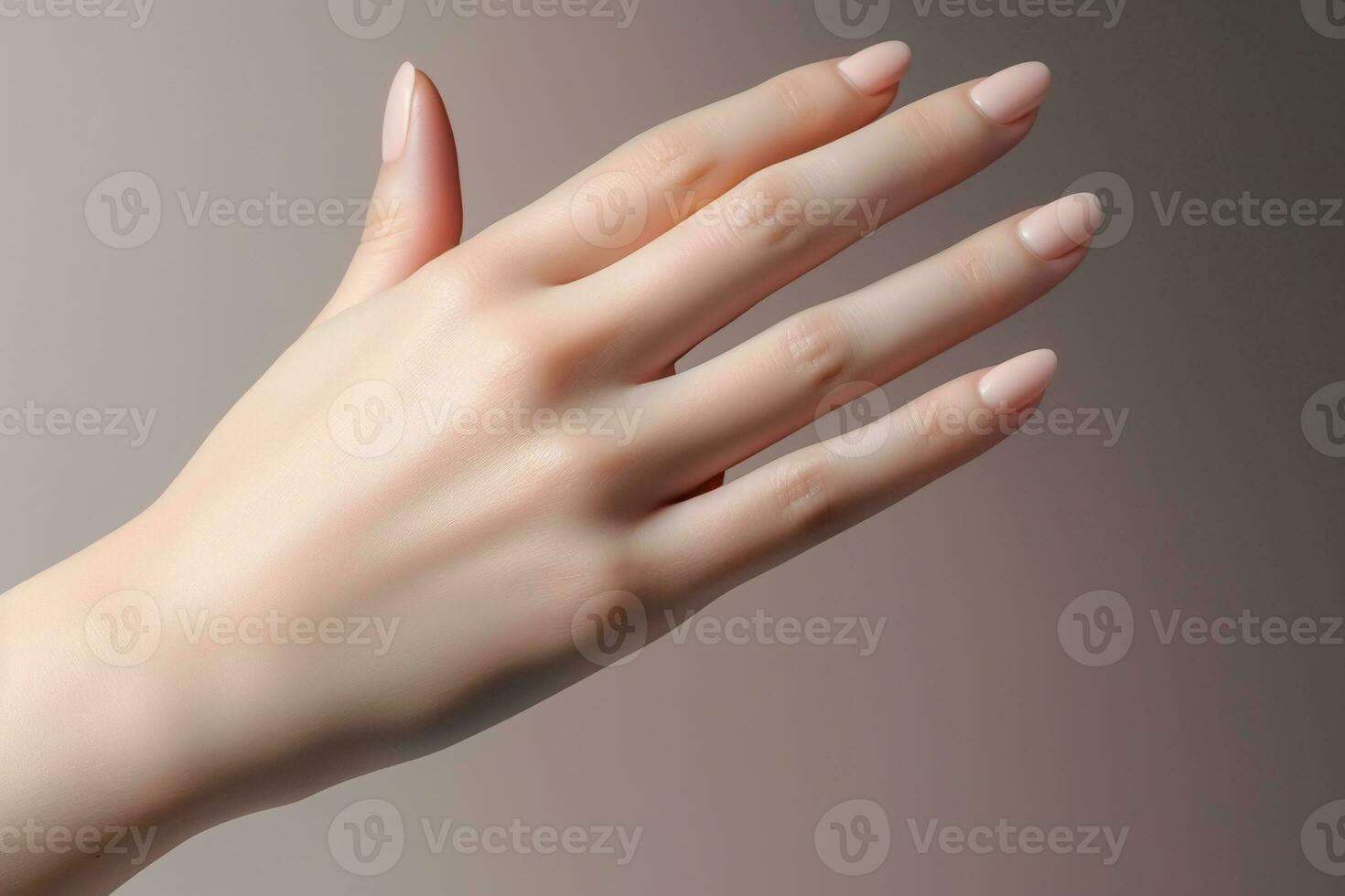 Glamour woman hand with nude nail polish on her fingernails. Nude shade nail manicure with gel polish at luxury beauty salon. Nail art and design. Female hand model. French manicure. Generative AI. photo