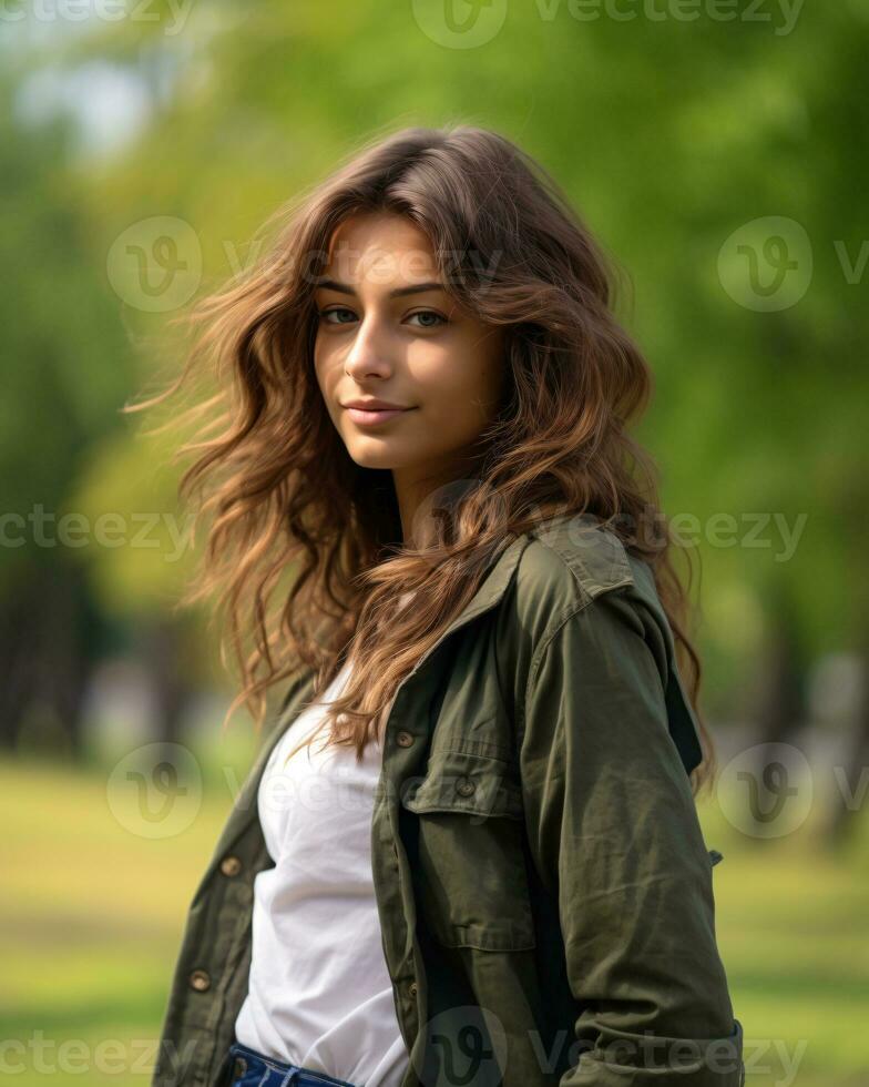 Smiling young woman enjoying nature. Casual day in park. City park serenity. Urban leisure with happy young woman in outdoor nature. Beauty woman enjoying her time outside in park. Generative AI. photo