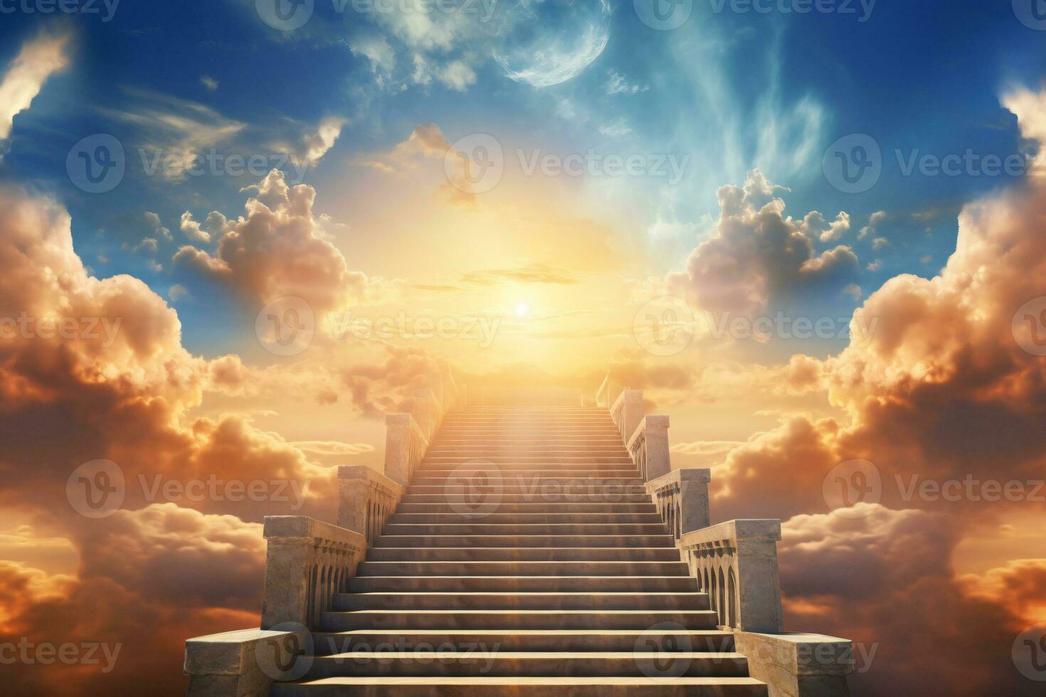 Stairway to heaven in heavenly concept. Religion background. Stairway to paradise in a spiritual concept. Stairway to light in spiritual fantasy. Path to the sky and clouds. God light. Generative AI. photo