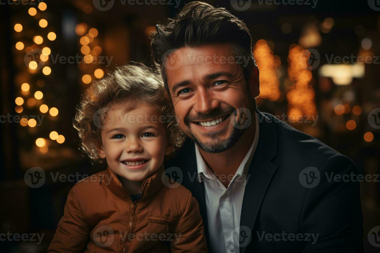 Happy smiling businessman and child spending holiday family time together. Magical father son moment on Christmas night under holiday lights. Love and joy in winter. Xmas vibe. Generative AI. photo