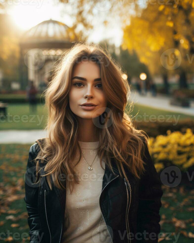 Portrait of a glamorous young woman in autumn. Casual day in park. City park serenity. Urban leisure with happy young woman in outdoor nature. Beauty woman enjoying her time outside. Generative AI. photo