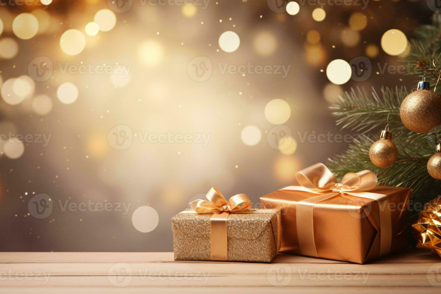 Christmas gift box with gold ribbon bow and golden Christmas ball decoration on wooden table. Merry Christmas present with bokeh background. New Year card. Winter holiday Xmas concept. Generative AI. photo