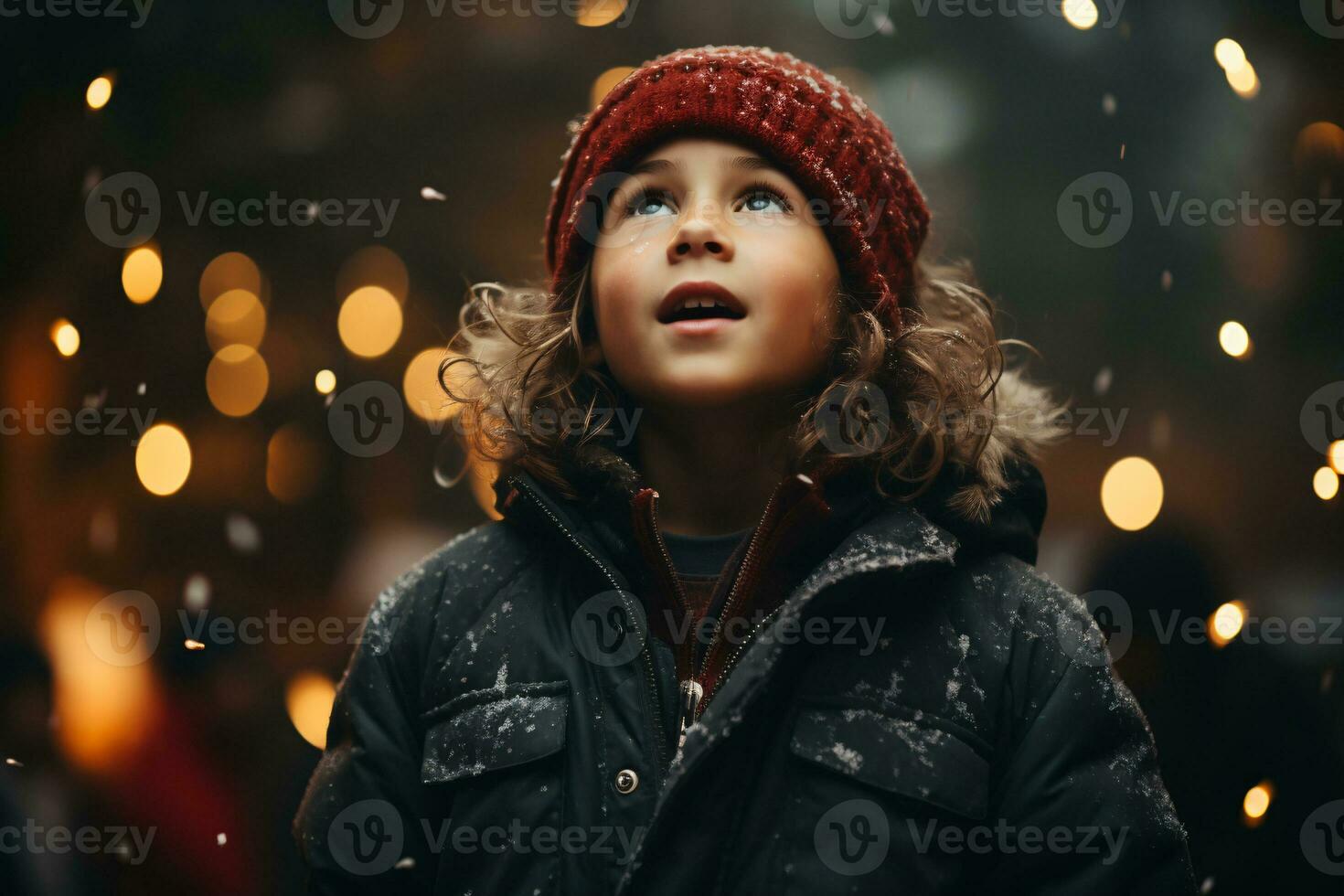 Child in winter holiday event on festive lights background. Kid wear sweater and hat looking up and stands in wonder before a lit huge Christmas tree under the night sky. Magic moment. Generative AI. photo