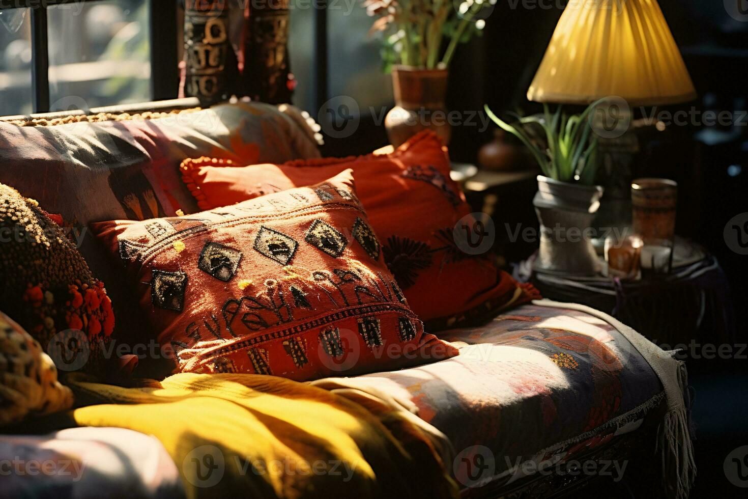 Bohemian interior design with colorful patterns and cozy cushions. Stylish Boho living. Vibrant patterns and cushions in a cozy afternoon setting. Bohemian chic. Eclectic home decor. Generative AI. photo