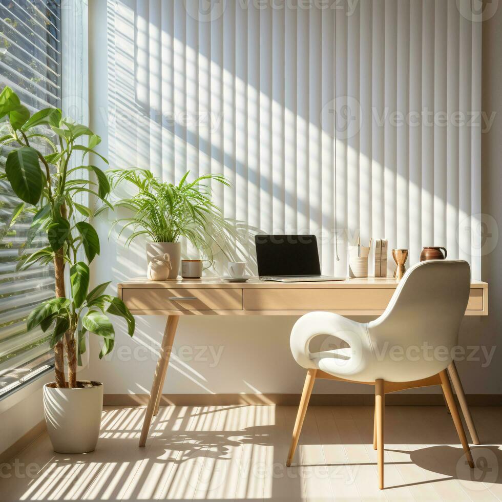 Modern home office with laptop on desk. Minimalist interior design. Productive workspace with efficient desk setup. Clean, stylish interior design with daylight and geometric furniture. Generative AI. photo