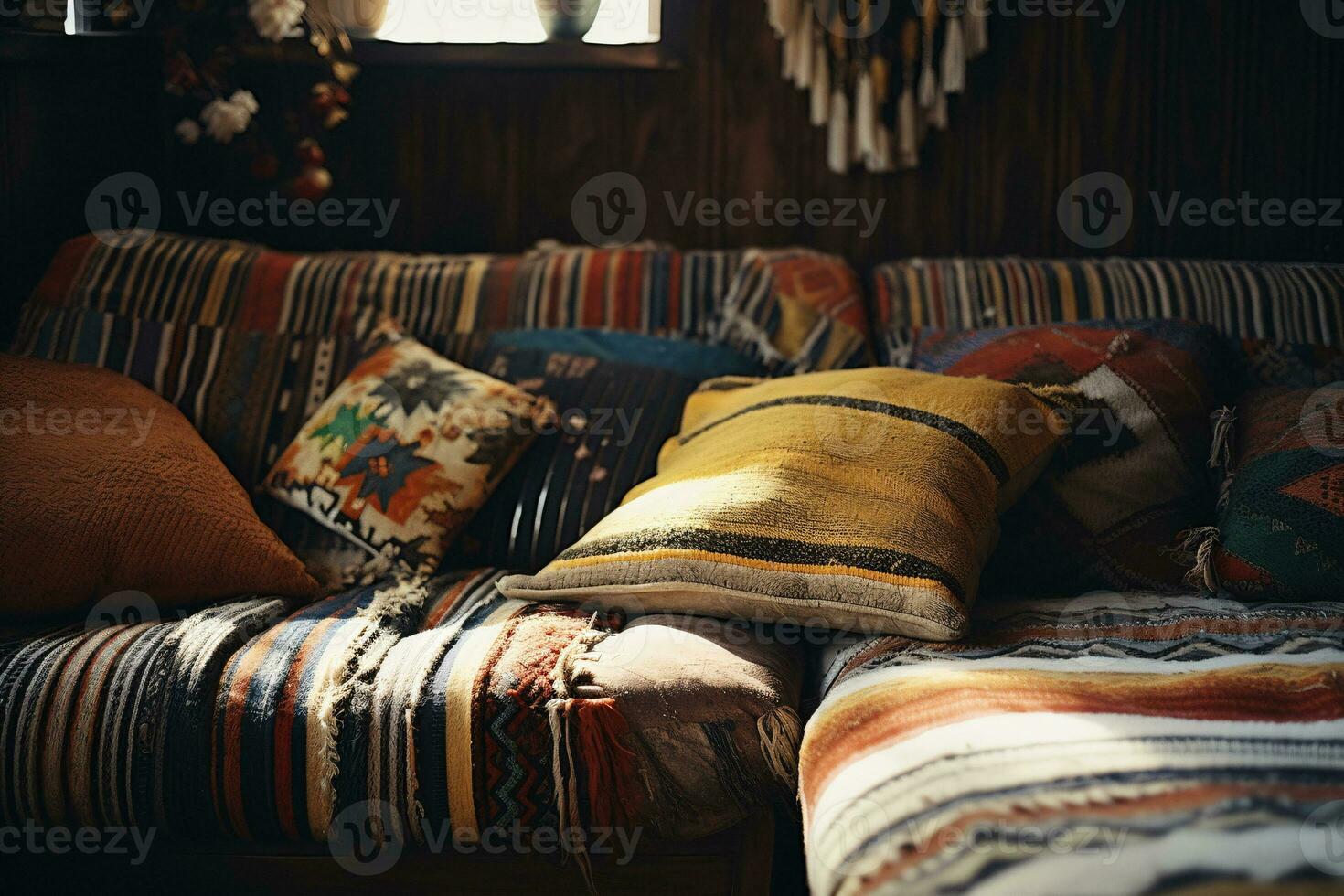 Bohemian interior design with colorful patterns and cozy cushions. Stylish Boho living. Vibrant patterns and cushions in a cozy afternoon setting. Bohemian chic. Eclectic home decor. Generative AI. photo