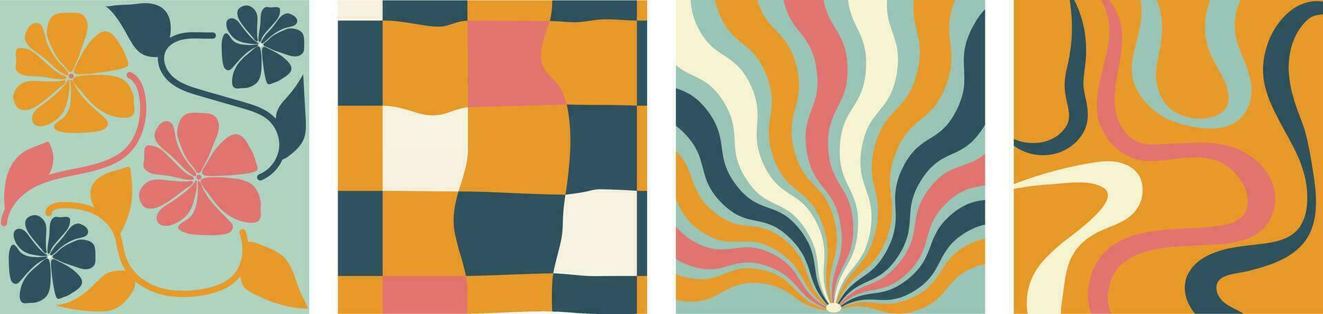 Collection of retro checkerboard backgrounds featuring vivid hues. A groovy and psychedelic chessboard pattern inspired by the 60s and 70s. vector