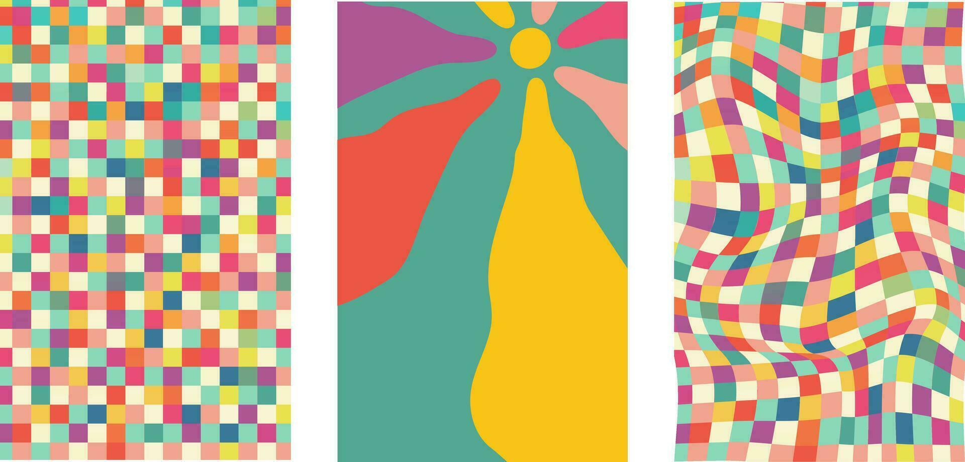 Collection of retro checkerboard backgrounds featuring vivid hues. A groovy and psychedelic chessboard pattern inspired by the 60s and 70s. vector