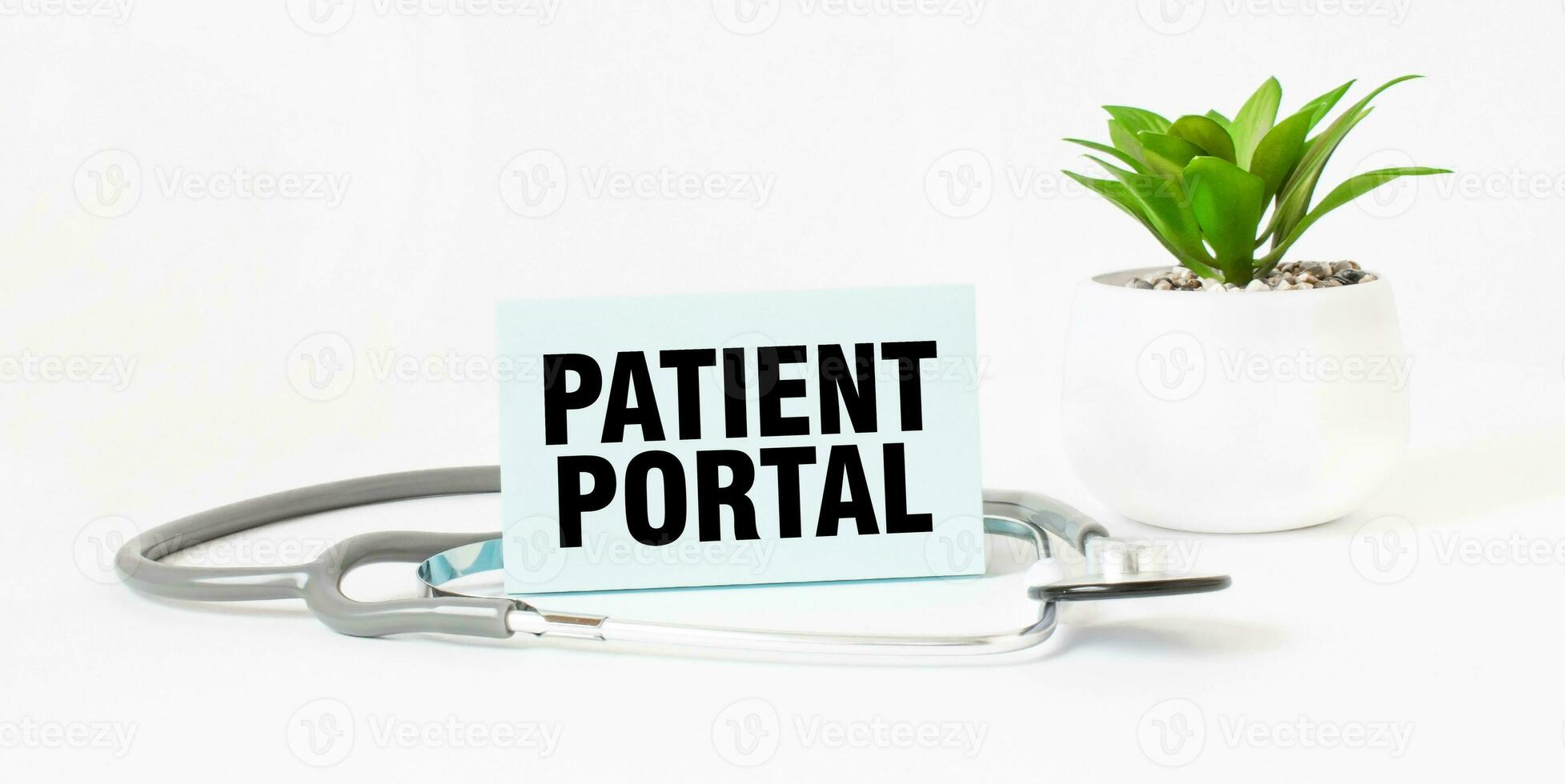 paciente portal palabra en computadora portátil, estetoscopio y verde planta foto