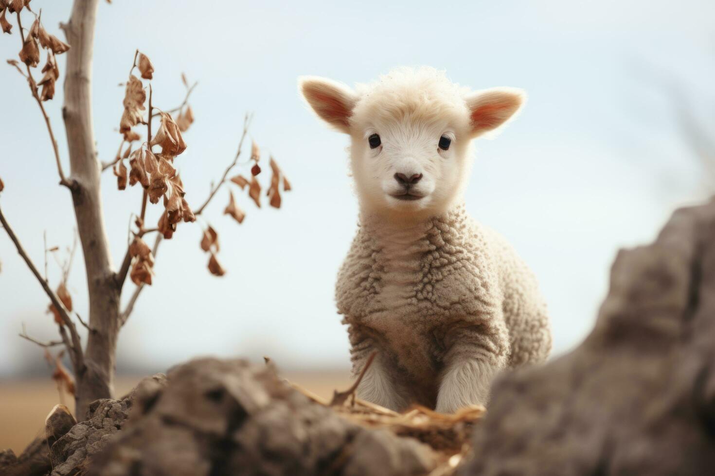 a baby lamb is standing in front of a tree generative ai photo