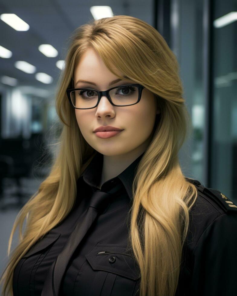 a beautiful blonde woman in glasses standing in an office generative ai photo