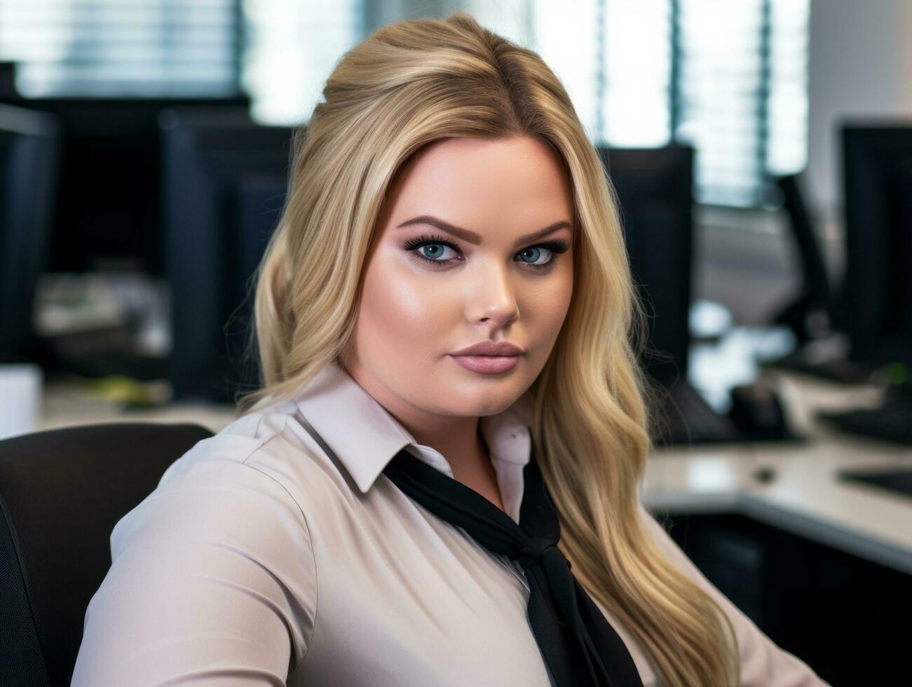 a beautiful blonde woman sitting at a desk in an office generative ai photo