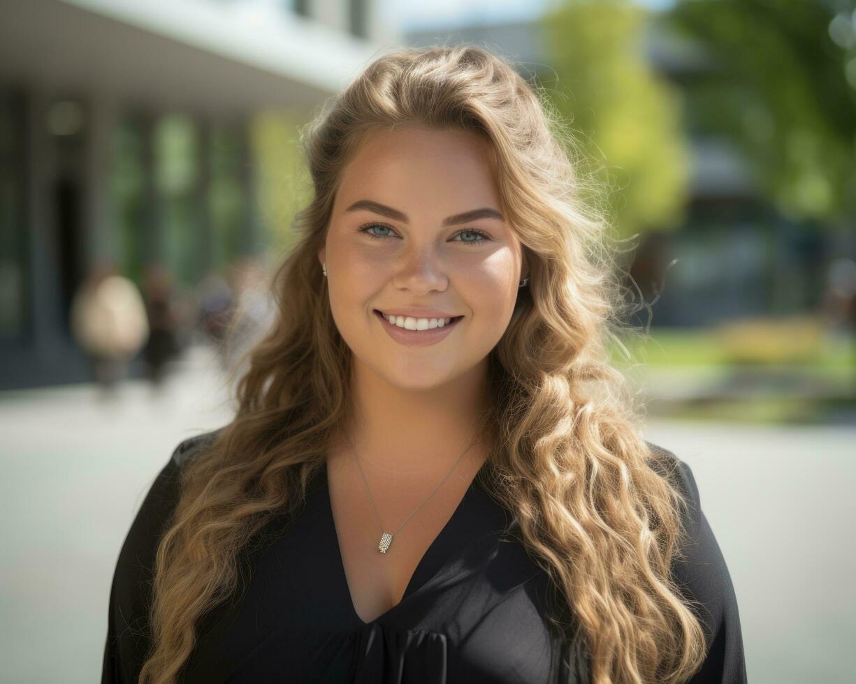 a beautiful young woman with long hair smiling for the camera generative ai photo