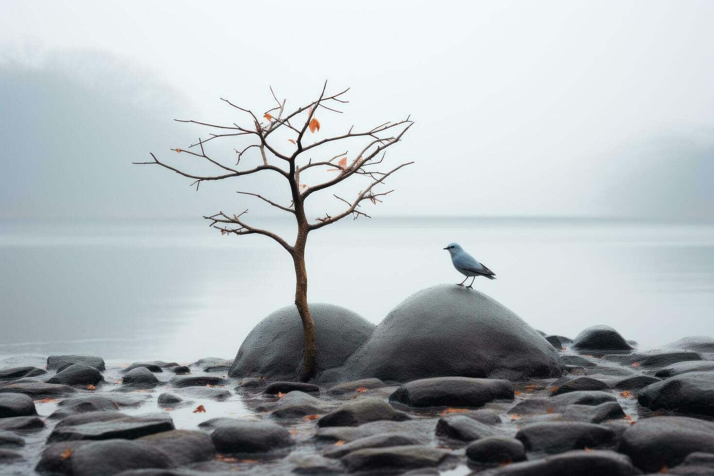 a bird is perched on a rock by a body of water generative ai photo