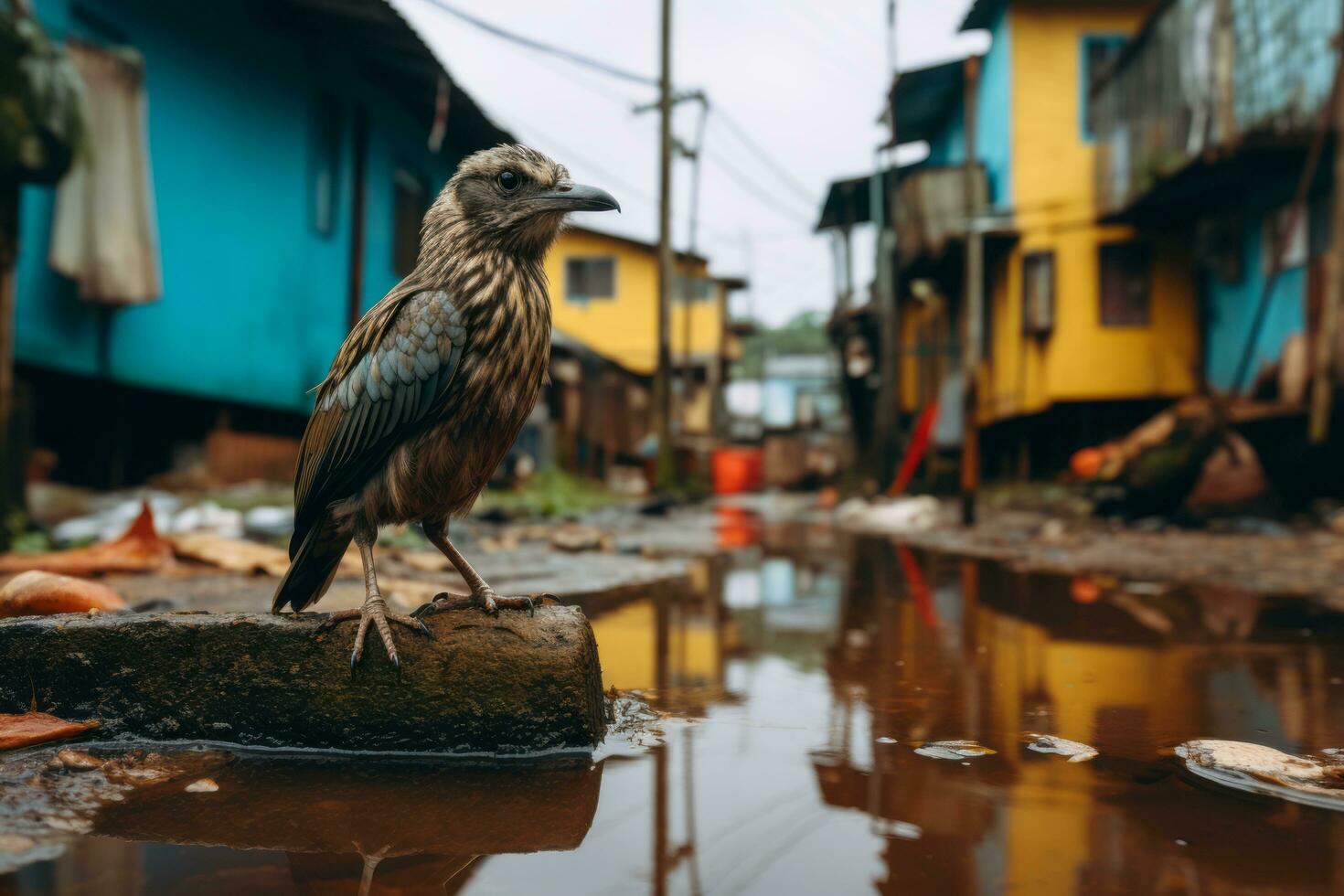 a bird is standing on a piece of wood in a dirty street generative ai photo