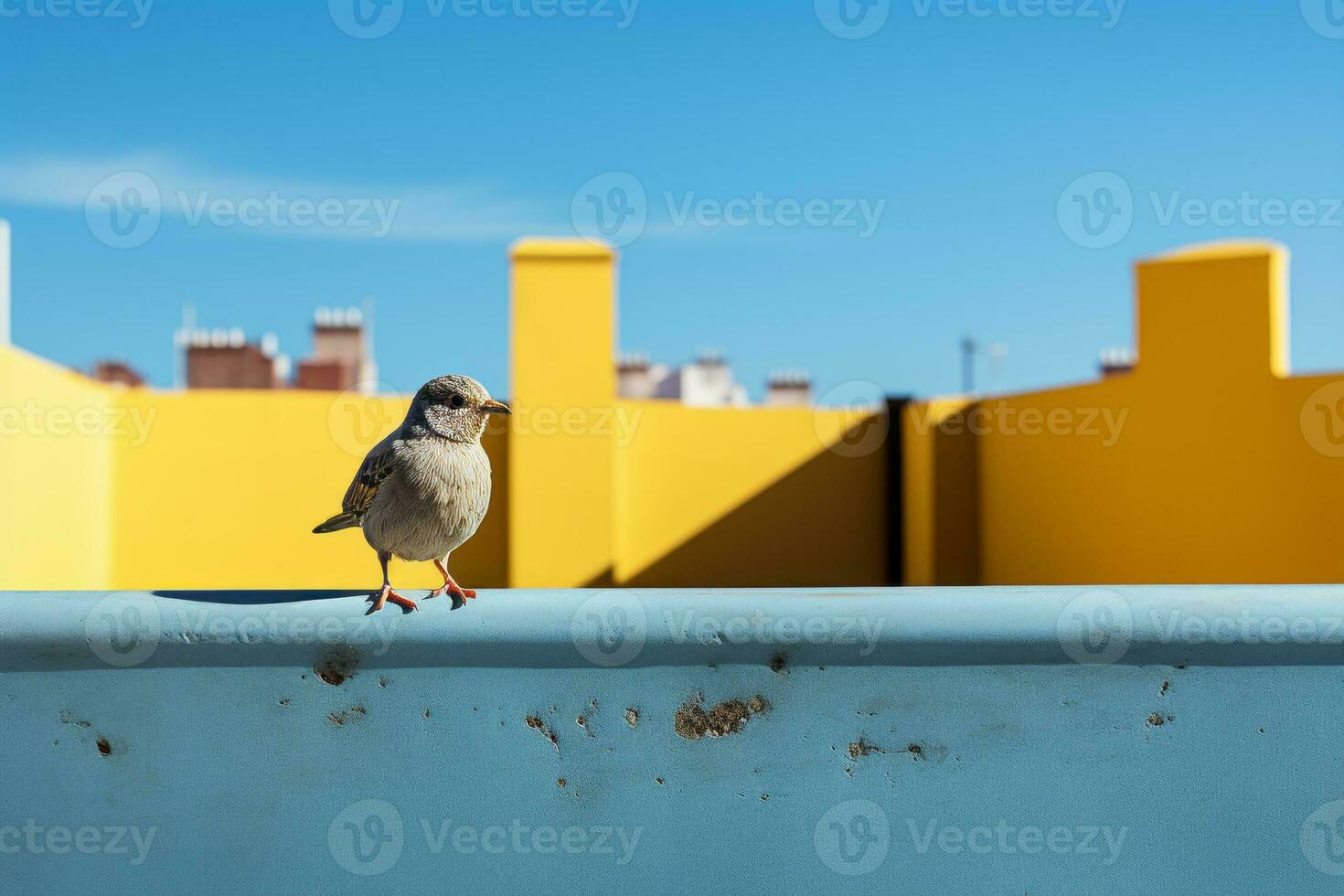 a bird sitting on a ledge in front of a building generative ai photo