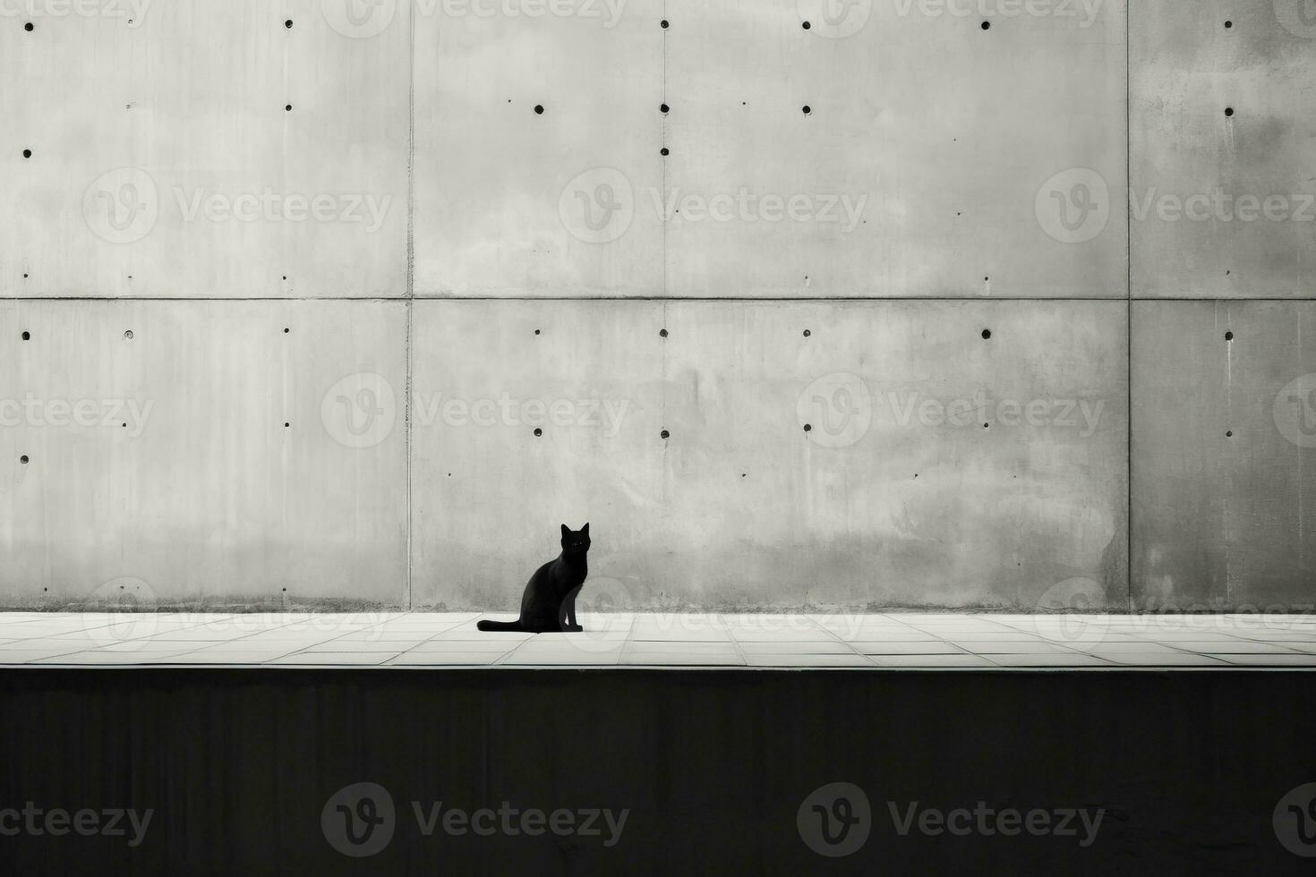 a black and white photo of a cat sitting in front of a wall generative ai