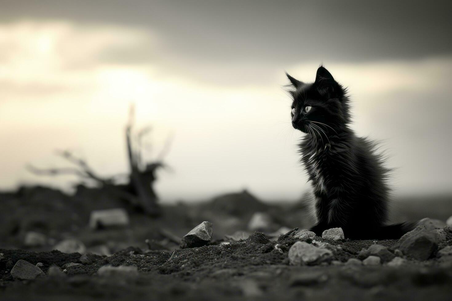 a black and white photo of a cat sitting on the ground generative ai