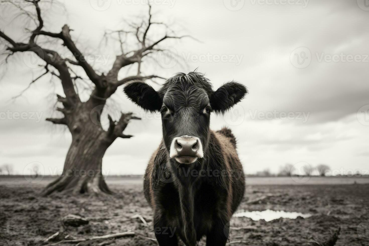 a black and white photo of a cow standing in a field generative ai