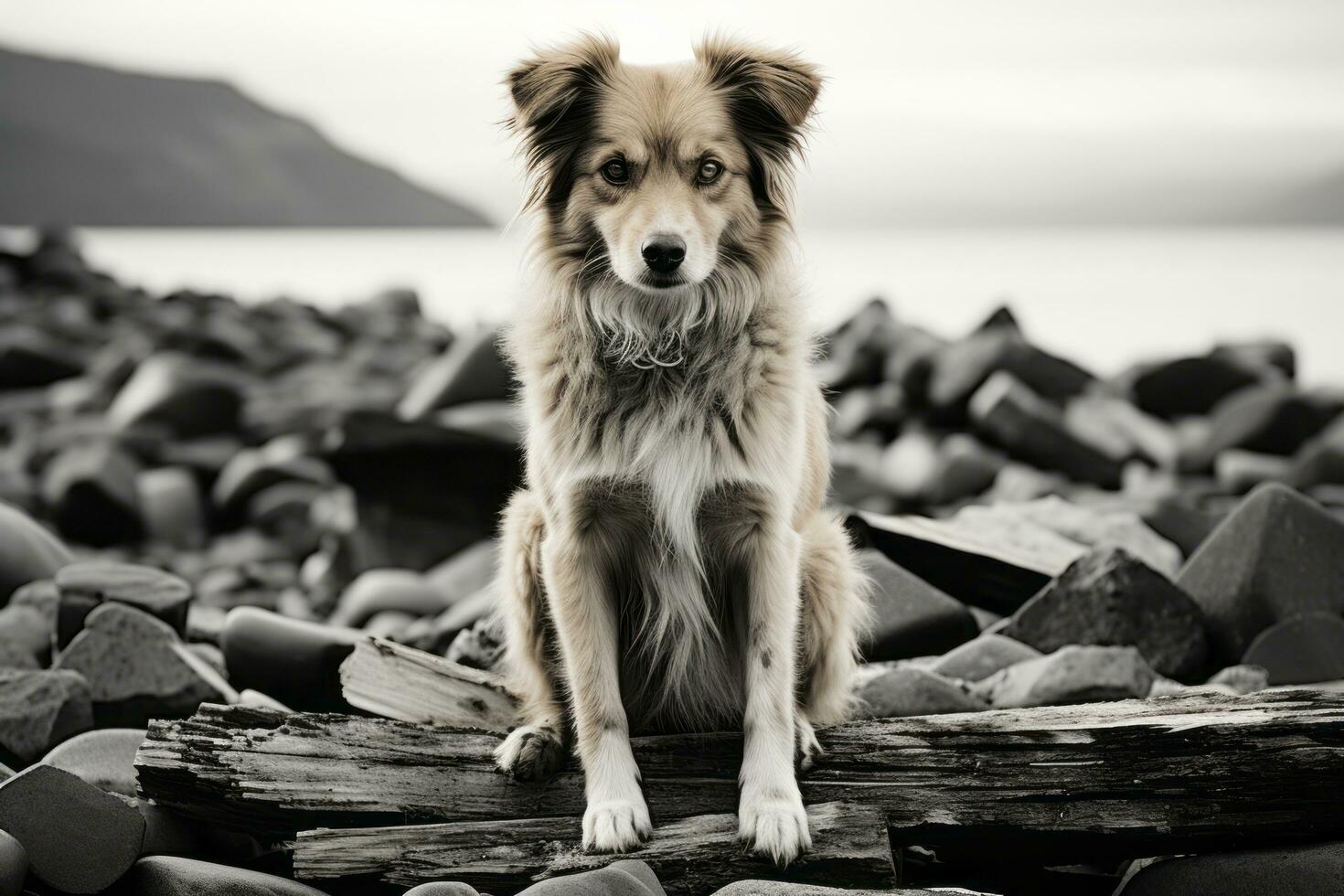 a black and white photo of a dog sitting on a log generative ai