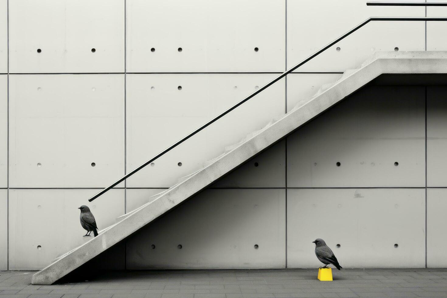 a black and white photo of two birds sitting on a yellow box generative ai