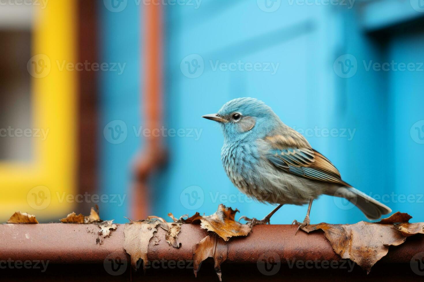 a blue and gray bird sitting on top of a rusty pipe generative ai photo