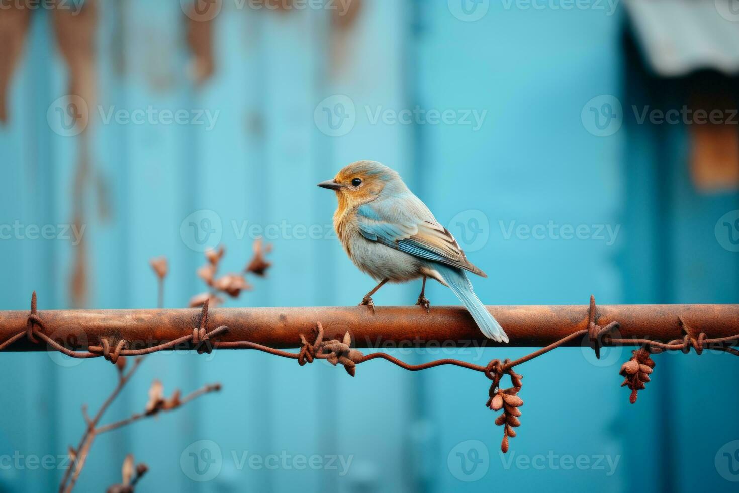 un azul pájaro sentado en un mordaz cable cerca generativo ai foto