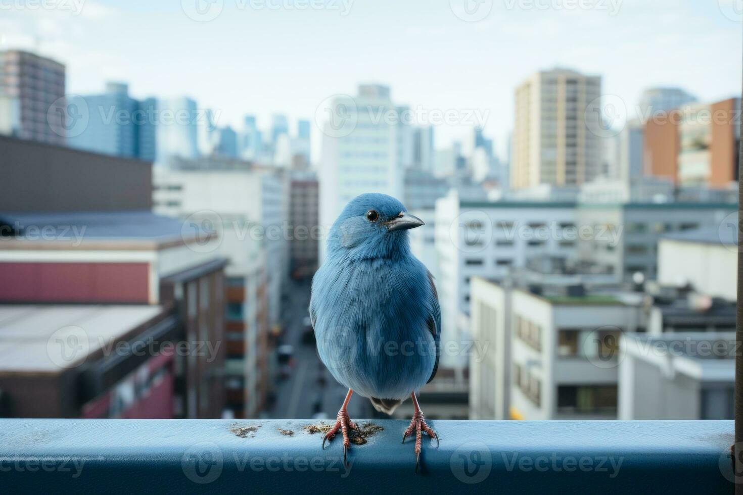a blue bird sitting on a ledge in front of a city generative ai photo