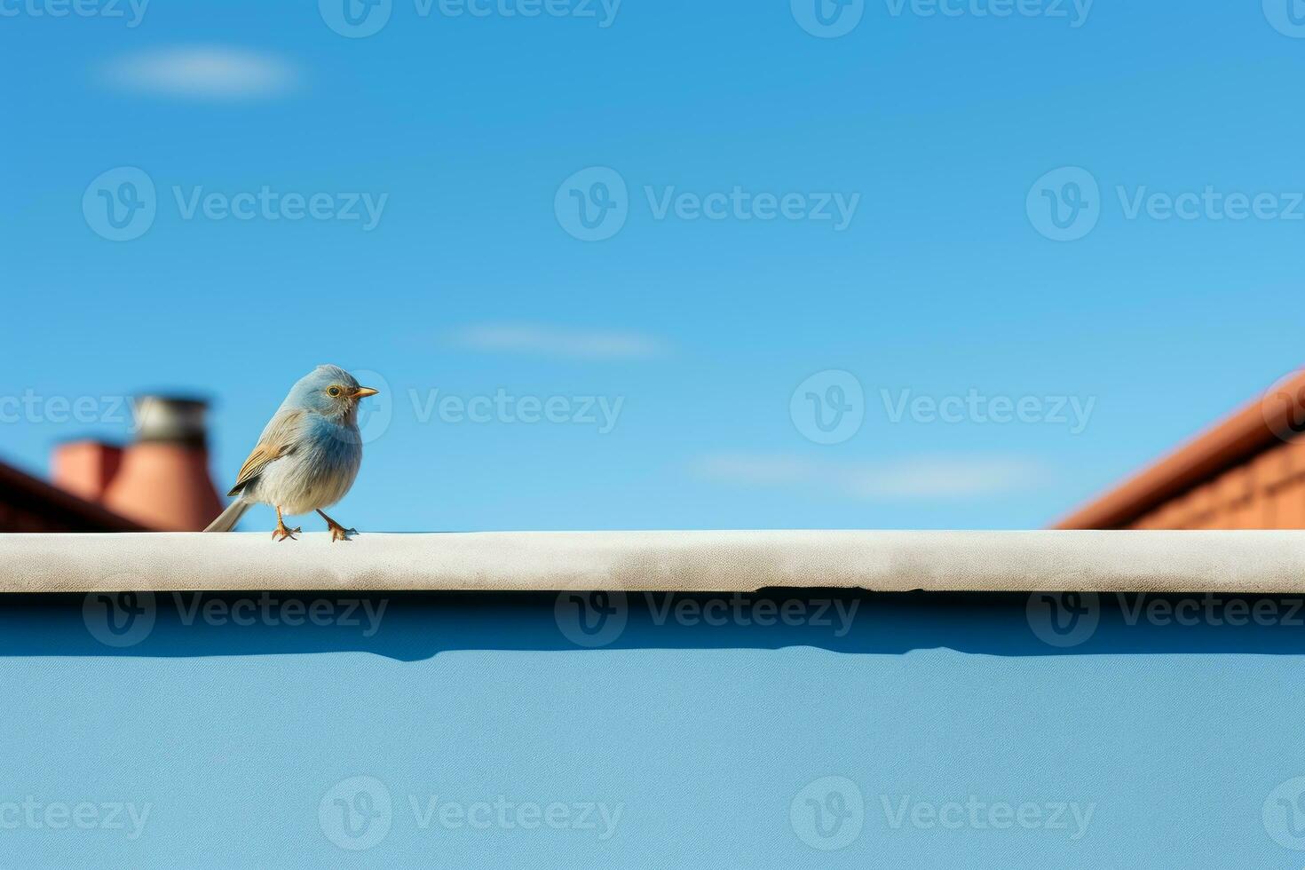 a blue bird sitting on top of a roof with a blue sky in the background generative ai photo