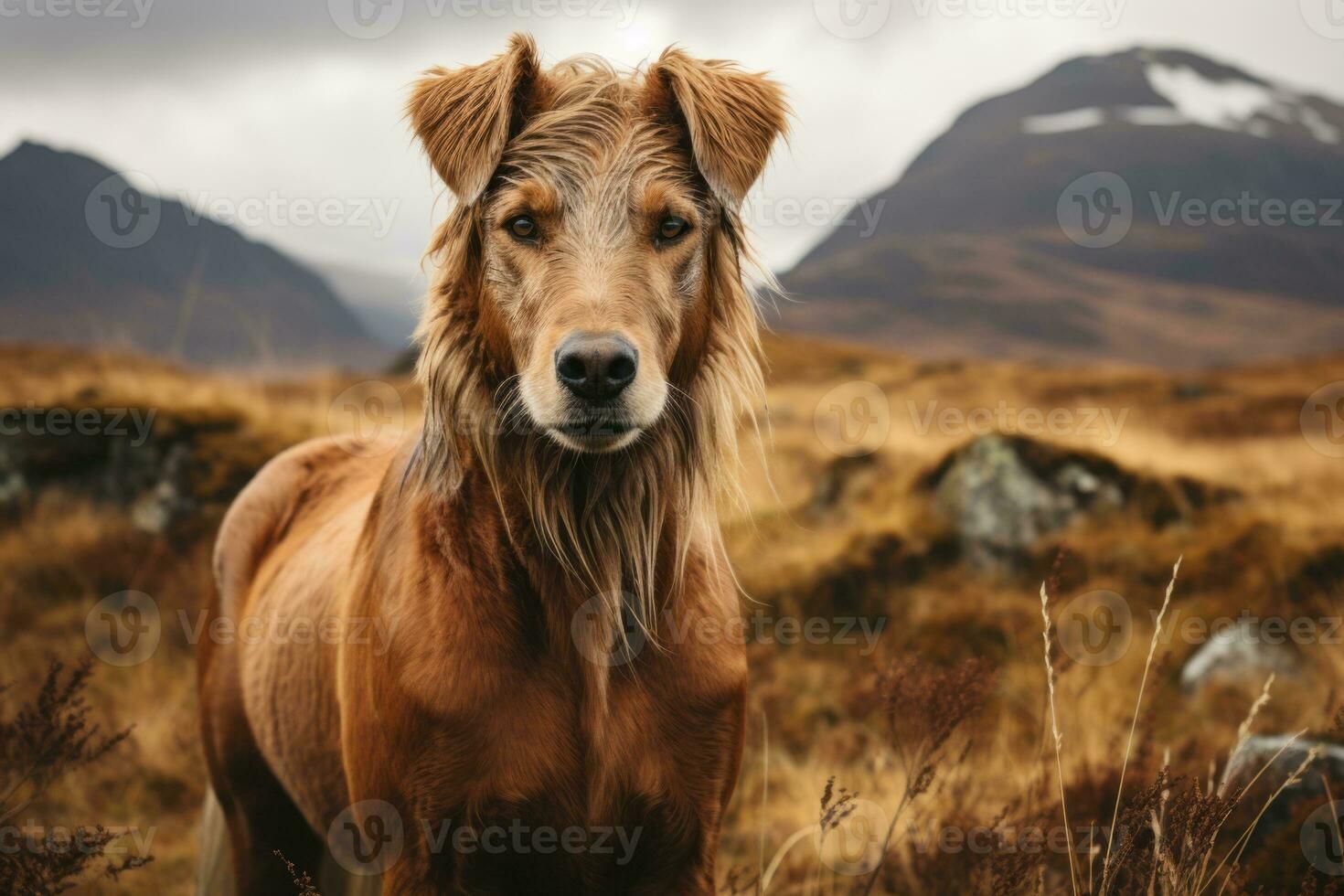 a brown horse standing in a field with mountains in the background generative ai photo