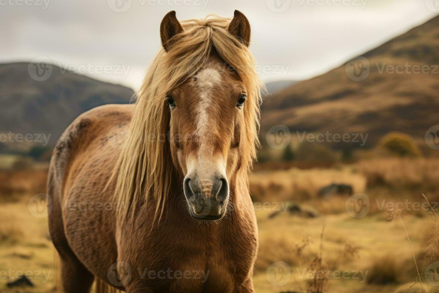 a brown horse standing in a field with mountains in the background generative ai photo